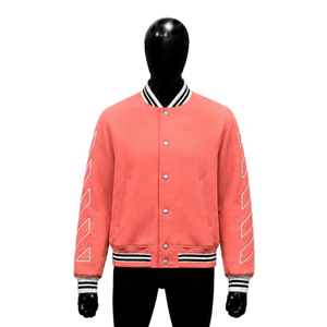 PREMIUM CORAL VARSITY <b>JACKET</b> FOR <b>MEN</b> With <b>White</b> Stripe Sleeves And Button Closure Regular Fit Casual Autumn Wear CASUAL EVERYDA - Product Image 1
