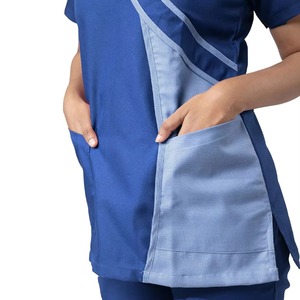 Women's Blue <b>Scrub</b> Set Short Sleeve Top With Pockets Hospital Uniform Woven Cotton Polyester Blend - Product Image 4