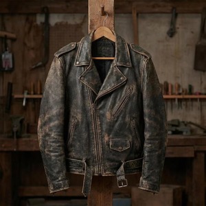 Veste en cuir pour homme, style motard, vintage, en cuir véritable vieilli, veste streetwear pour moto - Product Image 1