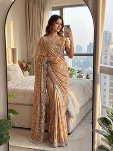 Indian Traditional Ethnic Partywear Saree in Sequins Embroidery Work for Wedding Occasion and Festive Function for Women Outfit - Product Image 2