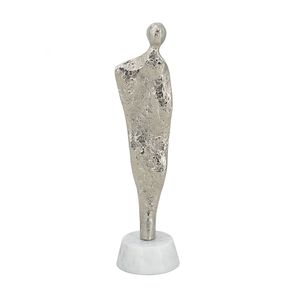 Scultura Astratta in Alluminio a Forma di Figura Umana, Argento/Bianco, 3.5x3x12 Pollici, con Base in Marmo - Product Image 2