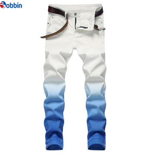 Pantalones Vaqueros Personalizados para Hombre, Corte Slim Fit, Color Degradado, Pierna Recta, Cintura Media, Casuales, de Algodón Cómodo, Diseño Degradado Azul y Blanco - Product Image 1