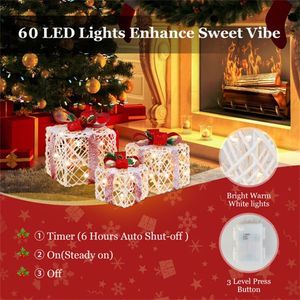 3-Piece Flocked Christmas <b>Gift</b> <b>Boxes</b> with 60 Warm White LEDs and Timer Function White & Red Festive Decor - Product Image 3