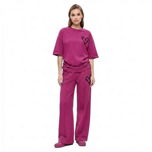 Women Casual 2 Piece <b>Set</b> Oversized Short Sleeve T Shirt Wide Leg Pants Matching Lounge Wear Solid Color Embroidered Heart Design - Product Image 1