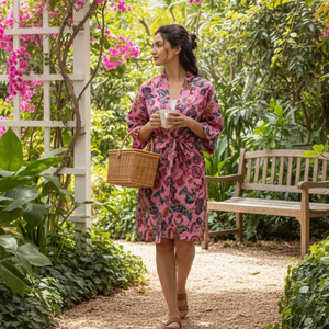 Robe de nuit kimono en coton rose à fleurs, col en V, manches longues, fermeture à cordon, séchage rapide, respirante, ensemble cadeau pour demoiselle d'honneur - Product Image 2