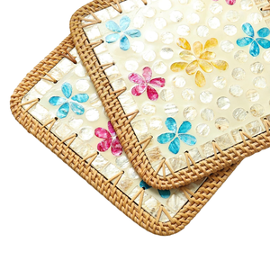 Mother of Pearl Placemat, Shell Inlay Square <b>Table</b> Mat with Luxury Multi-color Floral Mosaic for <b>Dining</b> Decor & Summer Parties - Product Image 2