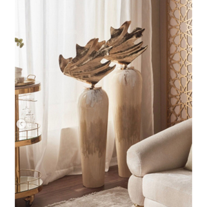 DAANI INTERNATIONAL Vase sur pied haut de gamme en métal sculpté, effet marbre poli, avec motif éventail doré, style artistique - Product Image 3