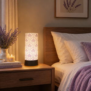 Lampe de table moderne à motif floral avec abat-jour en lin |   Lampe de chevet décorative |   Éclairage LED blanc chaud ambiant pour salon et chambre à coucher, économe en énergie - Product Image 3