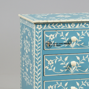 โต๊ะข้างเตียง 2 ลิ้นชัก งานแฮนด์เมด ลายดอกไม้ ประดับด้วยกระดูกสีน้ำเงิน เป็นมิตรกับสิ่งแวดล้อม สำหรับตกแต่งห้องนั่งเล่นสุดหรู - Product Image 4