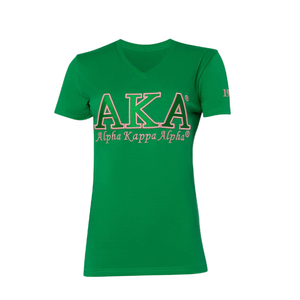 Camiseta Clásica con Cuello en V Verde y Negra de la Hermandad Apple AKA, Estilo Griego, Algodón, Casual, para Mujer, Calidad Premium - Product Image 1