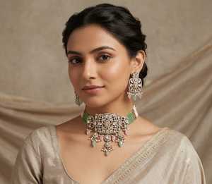 Luxury Multi Color Polki Kundan Pearl <b>Choker</b> Necklace Set with American Diamond Antique <b>Silver</b> Bridal Wedding Party Wear Jewelry - Product Image 5