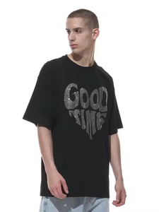 T-shirts unisexes noirs unis à col rond, effet vieilli, en coton biologique et bambou, coupe oversize, de haute qualité, épais, avec strass - Product Image 6