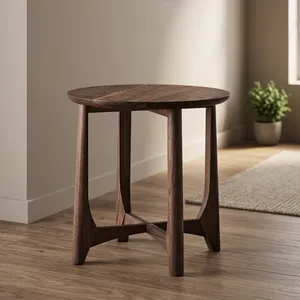 Modern <b>Round</b> Wood Side <b>Table</b> Minimalist Design Dark Finish Four-Leg Base Living Room Furniture - Product Image 4