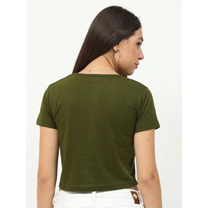 Camiseta Corta Verde Oliva para Mujer, Cuello Redondo, Manga Corta, Color Sólido, Estilo Casual, Primavera-Verano, Tejido de Algodón - Product Image 5