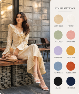 Conjunto de Dos Piezas de Alta Calidad para Vacaciones - Blusa Elegante Color Crema con Mangas con Volantes y Falda Larga Moderna Informal - Product Image 2