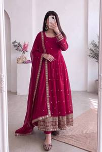 Women Traditional Floor-Length Red Gown Set With Dupatta Ethnic Wear For Wedding Indian Pakistani Style Loose Fit Dress - Product Image 4