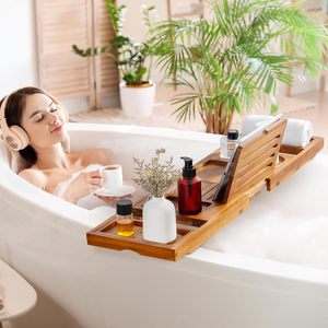 <b>Wooden</b> Bathtub Caddy Tray Expanding <b>Bath</b> <b>Board</b> Organizer Wine Glass Tablet Holder For Luxury Spa Bathroom Decor Wholesale - Product Image 3