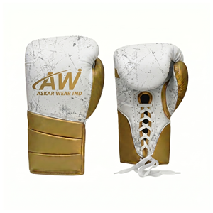 Askar Wear Ind Boxing Gloves <b>Leather</b> Lace-Up White Gold Adult Training Gear Breathable - Product Image 1