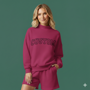 Ensemble deux pièces pour femmes : Haut long à col montant et épaules tombantes, manches longues, et short taille haute mi-cuisse - Product Image 1