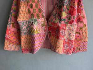 Veste matelassée rose patchwork avec broderie florale, manches trois quarts, manteau de printemps pour femme, cadeau pour elle - Product Image 5