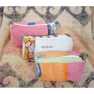 Beautiful Vintage Kantha Floral Printed Quilted Zipper Closure 3-Piece Women's Travel for <b>Pouch</b> Set Cosmetic Bags - Product Image 4