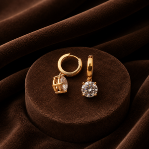 Boucles d'oreilles créoles brillantes pour femme avec diamants ronds et moissanite, en or jaune vermeil 14K, bijoux pendantes pour soirée - Product Image 2