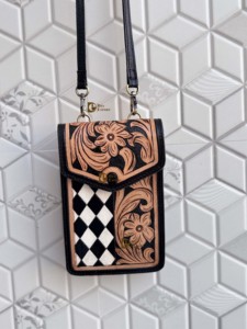 Hand Tooled Carving Leather Phone Purse Sling <b>Bag</b> <b>Small</b> Size Checkered Pattern Handbag For Women Daily Use Shoulder Strap - Product Image 1