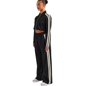 Ensemble de survêtement court zippé pour femme, col montant, triple bande, pantalon large à taille élastiquée, tenue deux pièces style urbain - Product Image 3