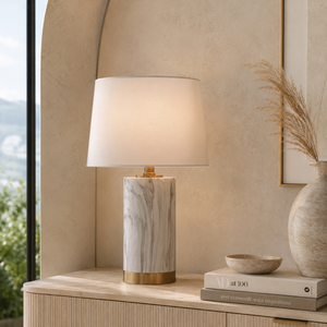 Minimalist Marble Console <b>Lamp</b> With Smooth Cylindrical <b>Base</b> Soft Warm Illumination And Designer Inspired Appeal - Product Image 1