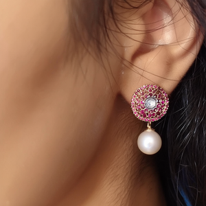 Ruby Round Medium Pearl Stud Earrings in Rhodium Plated Stainless Steel - Product Image 3