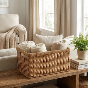 Panier à langer en rotin naturel tressé ouvert avec étagère en osier et doublure, multifonctionnel noir pour pique-nique et ustensiles - Product Image 5