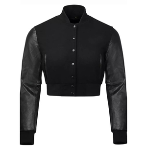 Meilleures vestes varsity courtes pour femmes, très vendues, avec corps en laine et manches en cuir, vestes varsity courtes - Product Image 1