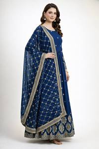 Costume Anarkali traditionnel pour femmes, bleu marine, broderie dorée, dupatta, coupe ample, style indien pakistanais, longueur au sol - Product Image 4