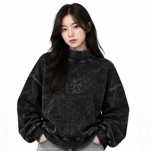 Top Selling Customizable Acid Washed Oversized Fleece/Cotton <b>Sweatshirt</b> <b>Black</b> Color Premium Mock Neck Drop Shoulder Pullover - Product Image 1