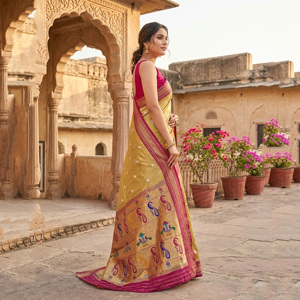 Gold <b>Tissue</b> Silk Saree with Rich Zari Woven Design | Indian <b>Wedding</b> Party Wear Designer Saree for Women - Product Image 2