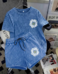 Women 2-Piece Set Blue Floral Print Short Sleeve Top With Shorts Casual Loose Fit Spring Summer Wear - Product Image 1
