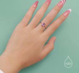 Anillo de Amatista Genuina con Corte Esmeralda en Plata de Ley, Anillo de Piedra de Amatista Natural, Anillos Apilables - Product Image 3