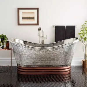 Bañera de Lujo Hecha a Mano con Acabado en Níquel y Cobre, Bañera de Hidromasaje Doble de 71 Pulgadas con Pedestal Independiente y Drenaje BN - Product Image 1