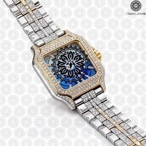 Charm Jewells Luxury Stainless Steel <b>Watch</b> Square Case Analog Quartz Movement <b>Diamond</b> Encrusted Band Unisex - Product Image 4