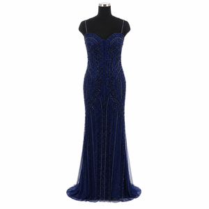 Womens Navy Blue <b>Sequin</b> Mermaid Maxi Dress Spaghetti Strap Elegant Evening Wedding Formal Prom Party Gown Bodycon Glitter Floor - Product Image 1