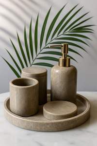 Ensemble de salle de bain en marbre - Ensemble d'accessoires de bain rustiques en pierre naturelle 5 pièces avec distributeur et plateau |   Décoration de vanité artisanale - Product Image 3