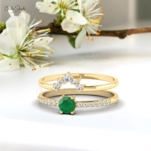 Bague de mariage empilable en émeraude naturelle et diamant, or jaune massif 14 carats, pierre précieuse taillée 4 mm, tendance, offre spéciale - Product Image 3