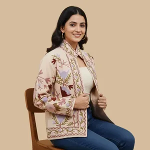 Veste en coton crème pour femmes, brodée Suzani, florale, bohème, ethnique, faite à la main, vintage, décontractée - Product Image 1