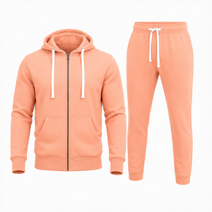Sudadera con capucha y cremallera de color sólido para hombre con pantalones deportivos, conjunto de sudadera de forro polar cálido para ropa de calle y fitness. - Product Image 1