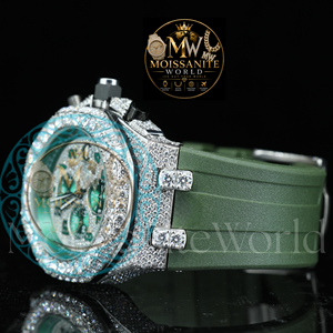 Luxury <b>Men's</b> Antique Green Camo Strap Moissanite Diamond Sapphire Crystal Quartz <b>Watch</b> Full Pave Iced Rose <b>Silver</b> Bezel Hip 20mm - Product Image 2