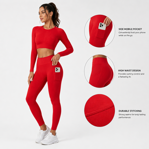 Conjunto de Yoga sin Costuras Personalizado para Mujer, Top Corto de Manga Larga, Leggings de Cintura Alta con Elasticidad en Cuatro Direcciones, Ropa Deportiva para Gimnasio, Fabricante - Product Image 3