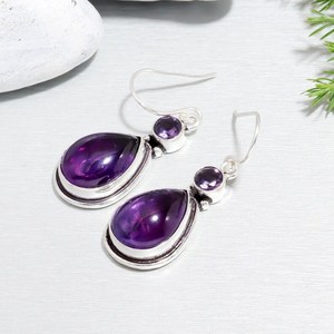 Nikhil Gems Handmade Pear Amethyst 925 Sterling Silver Drop <b>Earrings</b> Platinum Plated Natural Gemstone Jewelry Trendy Elegant - Product Image 3