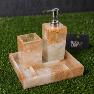 Resin <b>Bathroom</b> Accessories <b>Set</b> Gold Foil Four Piece <b>Soap</b> <b>Dispenser</b> Toothbrush Holder Tray Easy Clean for <b>Bathroom</b> - Product Image 1