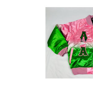 Chaqueta Bomber Ombre Unisex con Logotipo Frontal Bordado con Letras Griegas, Degradado Rosa Verde, Chaqueta de Invierno Estilo Urbano, Poliéster/Nailon - Product Image 2