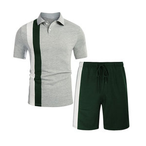 Ensemble polo et short pour homme, manches courtes, tricoté, décontracté, rayé, sportswear, bleu, rouge, blanc - Product Image 2
